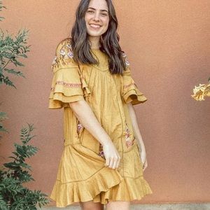 Free People cotton bohemian dress in yellow with embroidery size small